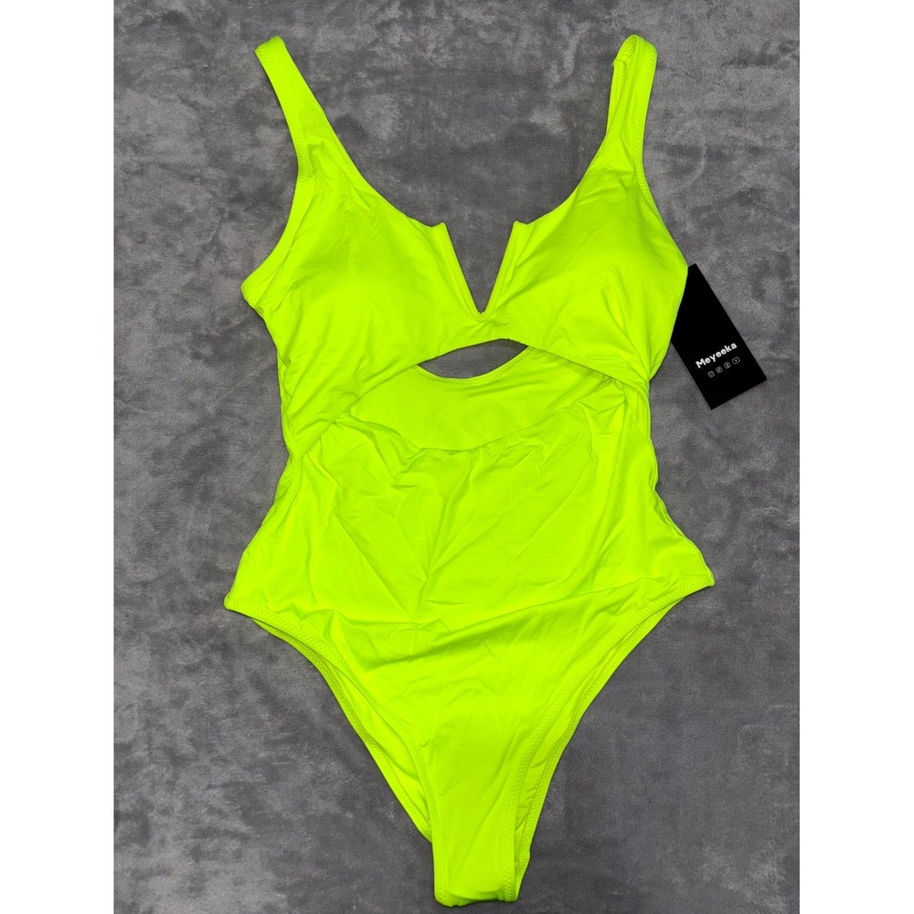 Meyeeka One‎ Piece Swimsuits Womens Medium Green Tummy Control High Cut V-Neck